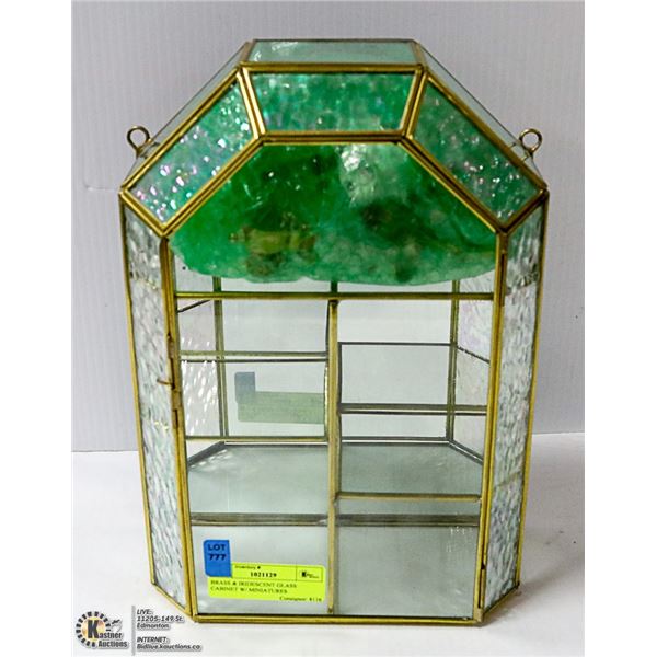 BRASS & IRIDESCENT GLASS CABINET W/ MINIATURES