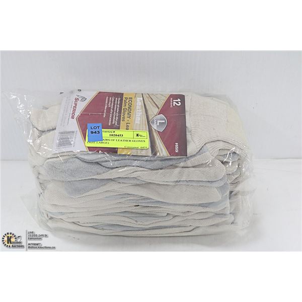 12 NEW PAIRS OF LEATHER GLOVES (SIZE LARGE)