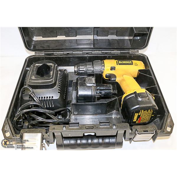 DEWALT 9.6v DRILL, CHARGER, CASE AND BATTERIES