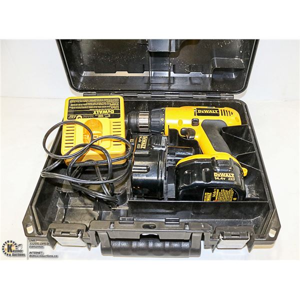 DEWALT 14.4v DRILL, CHARGER, CASE AND BATTERIES