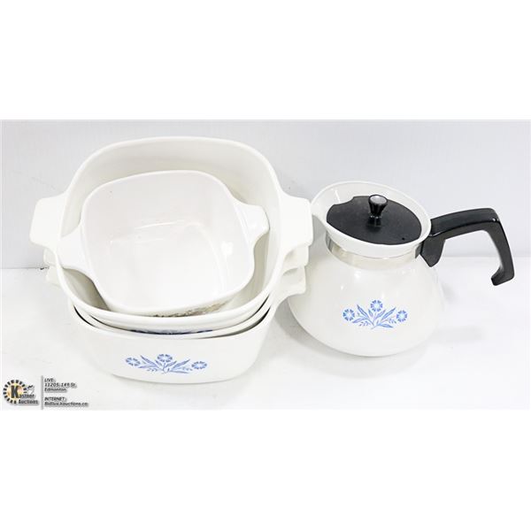 VINTAGE CORNING WARE TEAPOT AND CASSEROLES