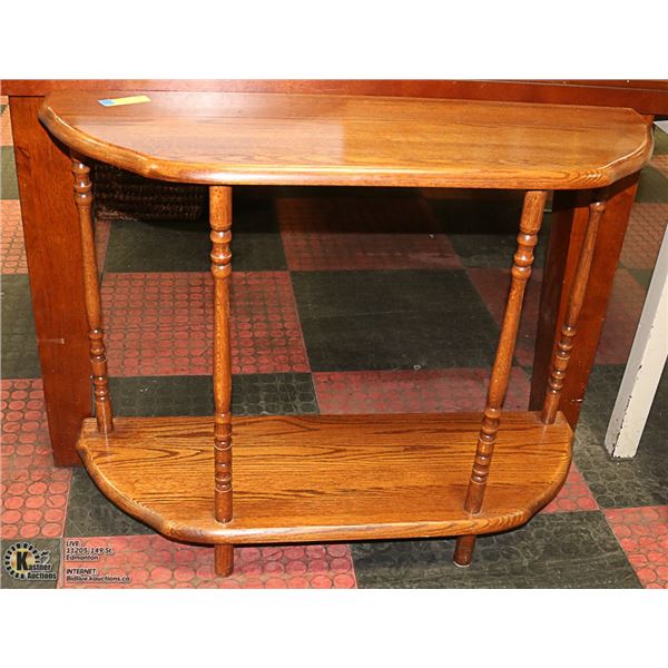 SMALL SEMI ROUND OAK TABLE (36"W X 12"D X 28"H)