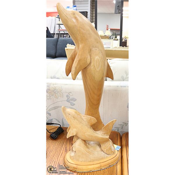 WOOD DOLPHIN STATUE, 21" TALL