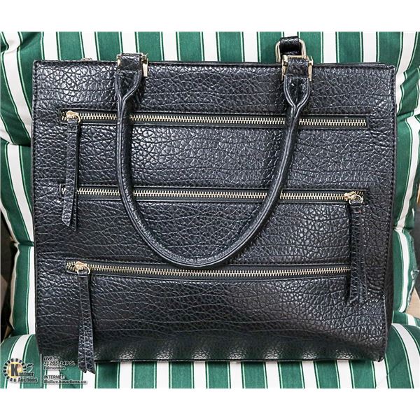 LADIES LARGE BLACK PURSE WITH GOLD ZIPPER ACCENTS