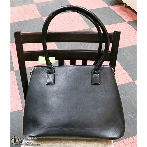 LADIES PURSE, BLACK WITH PURPLE SILK INTERIOR &