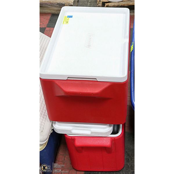 SET OF TWO RED AND WHITE COLEMAN COOLERS - 48