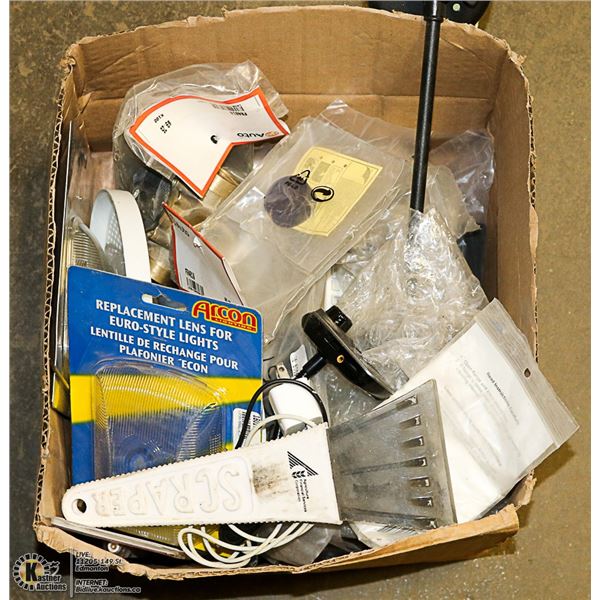 BOX OF MISC PARTS,TRAVEL TRAILER PARTS,REMOTES,