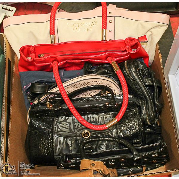 BOX OF PURSES INCL. BLACK LEATHER BACKPACK
