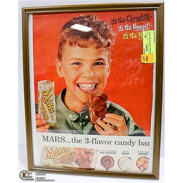 11 X 14 ORIGINAL FRAMED AD 1950'S MARS BAR