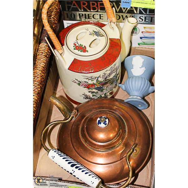 2 VINTAGE TEA POTS & BLUE VASE