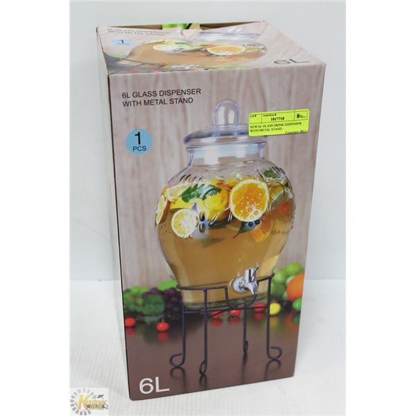NEW 6L GLASS DRINK DISPENSER WITH METAL STAND