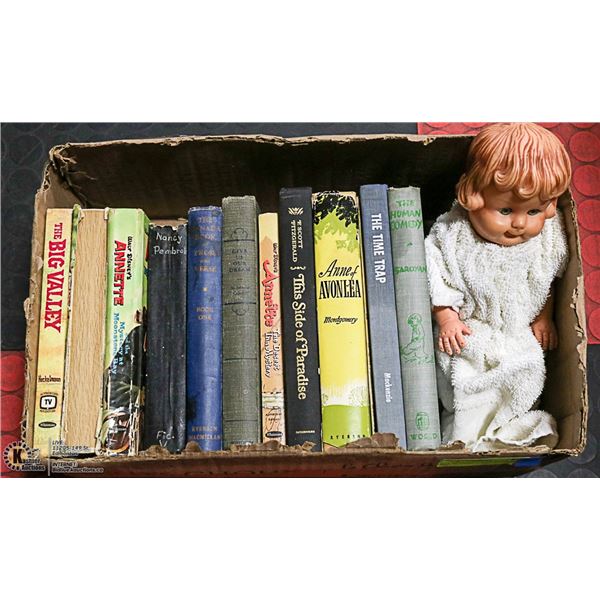 BOX OF VINTAGE KIDS BOOKS AND DOLL