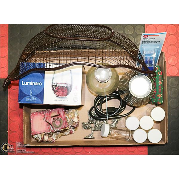 ASSORTED LOT - STEMLESS WINE GLASSES, SPICE JARS,