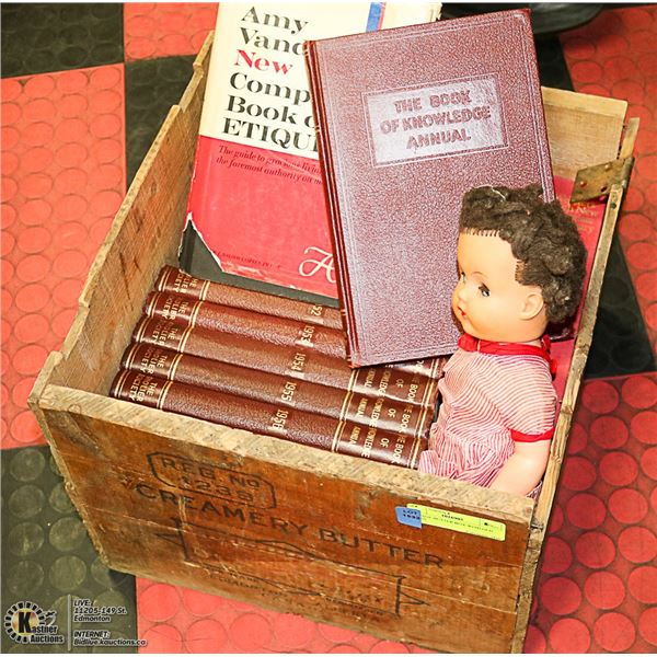 VINTAGE BUTTER BOX WITH OLD BOOKS