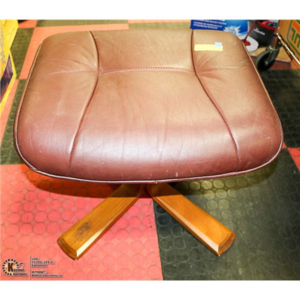 VINTAGE BROWN LEATHER FOOTREST WITH WOOD BASE