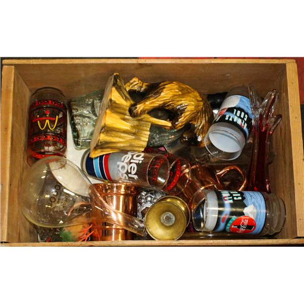 VINTAGE APPLE CRATE FULL OF COLLECTIBLES