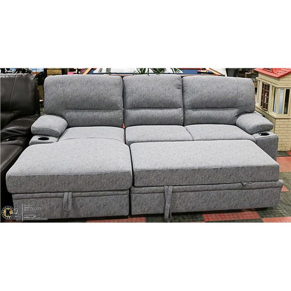 CONVERTIBLE GREY FABRIC SECTIONAL WITH CHAISE WITH