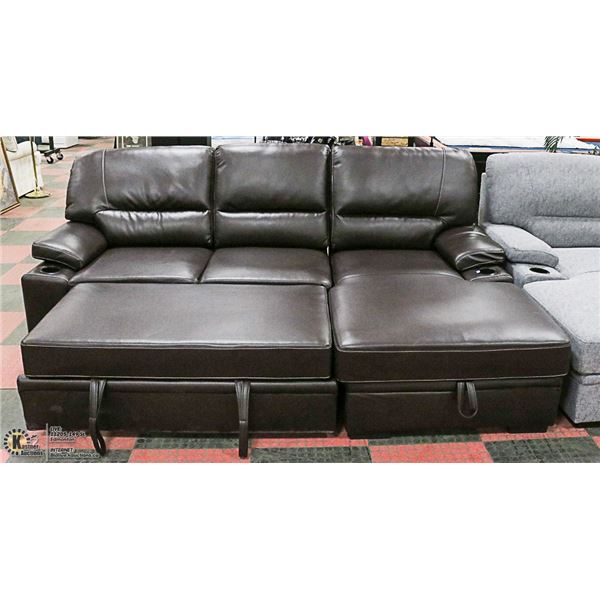 CONVERTIBLE BROWN LEATHERETTE SECTIONAL WITH