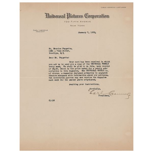 Carl Laemmle Typed Letter Signed