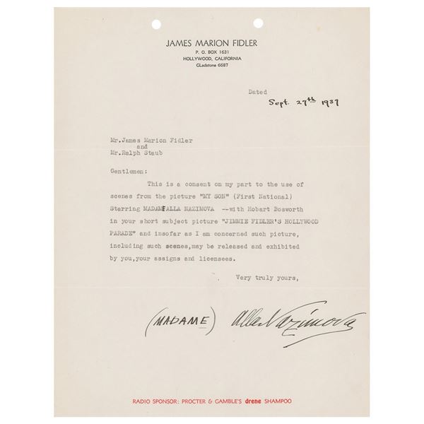 Nazimova Typed Letter Signed