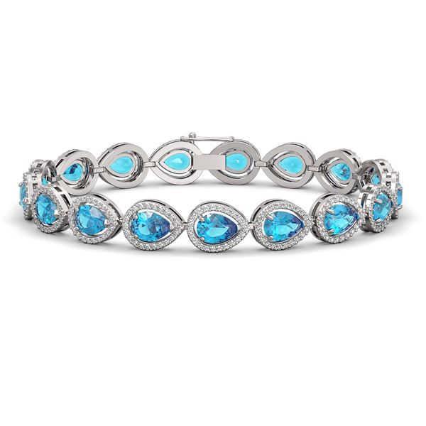16.59 ctw Swiss Topaz & Diamond Micro Pave Halo Bracelet 10k White Gold - REF-318H2R