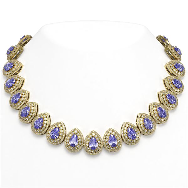108.42 ctw Tanzanite & Diamond Victorian Necklace 14K Yellow Gold - REF-5818G2W
