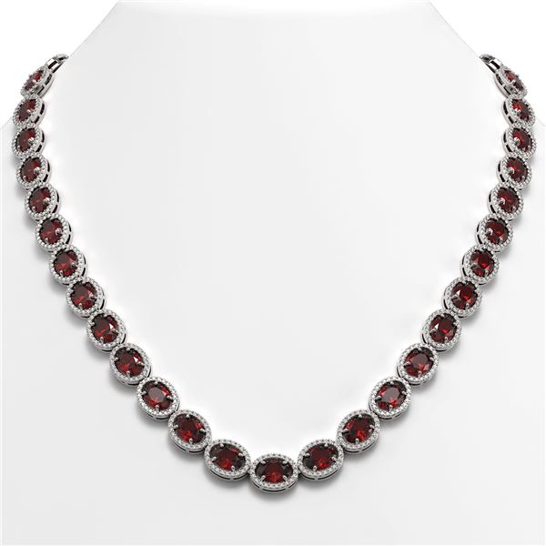 50.08 ctw Garnet & Diamond Micro Pave Halo Necklace 10k White Gold - REF-663N6F