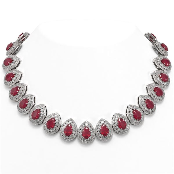121.42 ctw Certified Ruby & Diamond Victorian Necklace 14K White Gold - REF-3416A5N