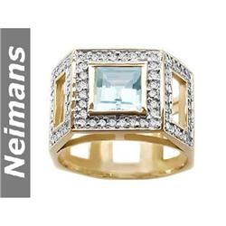 Mens 1.50 ct Certified Aquamarine & VS Diamond Ring 14k