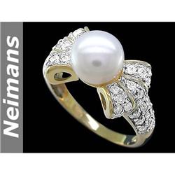 Antique 9MM Akoya Pearl & Diamond Ring 14kt Gold CERT