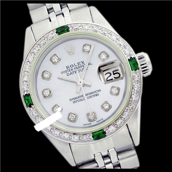 Rolex Ladies Stainless Steel, Diam Dial & Diam/Emerald Bezel, Sapphire Crystal