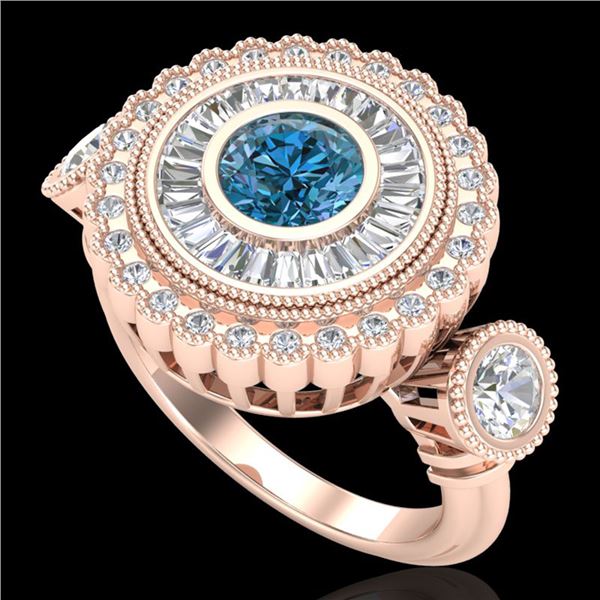 2.62 ctw Intense Blue Diamond Art Deco 3 Stone Ring 18k Rose Gold - REF-290M9G