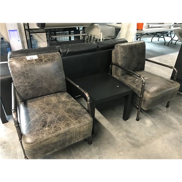 2 GREY METAL FRAME LOUNGE CHAIRS WITH A BLACK END TABLE