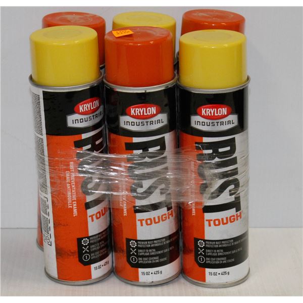 6 CANS OF KRYLON INDUSTRIAL RUST PREVENTATIVE ENAMEL SPRAY PAINT ORANGE AND YELLOW
