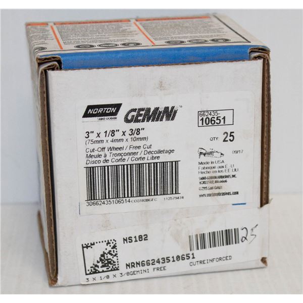 BOX OF 25 GEMINI CUT OFF WHEELS 3" X 1/8" X 3/8"