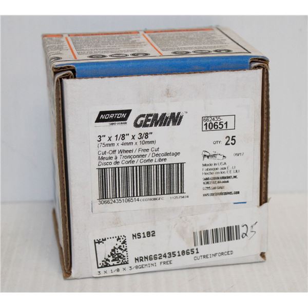 BOX OF 25 GEMINI CUT OFF WHEELS 3" X 1/8" X 3/8"