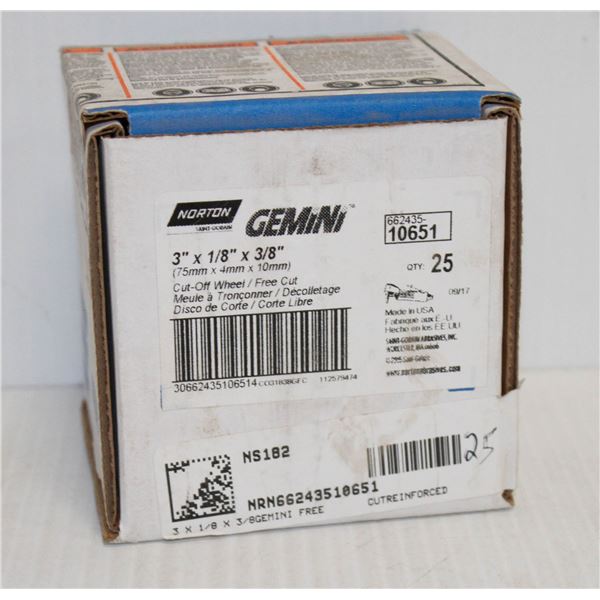 BOX OF 25 GEMINI CUT OFF WHEELS 3" X 1/8" X 3/8"