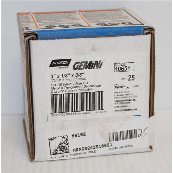 BOX OF 25 GEMINI CUT OFF WHEELS 3" X 1/8" X 3/8"