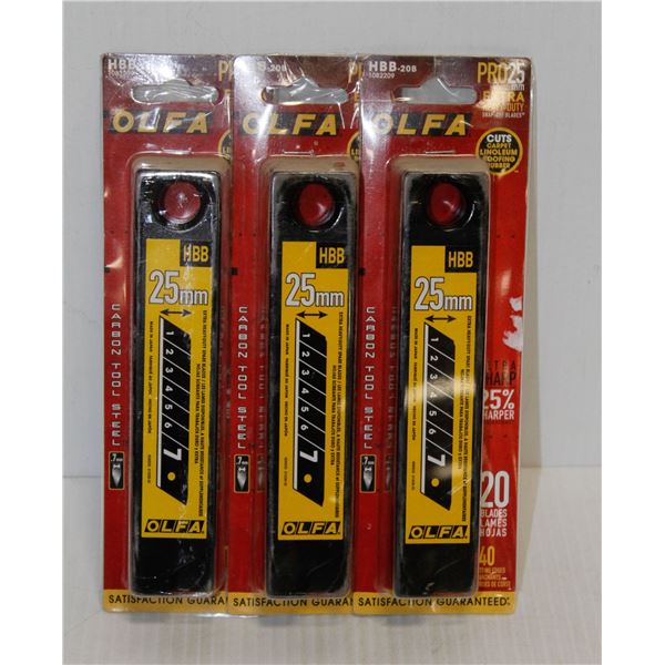 3 PACKS OF OLFA 25MM EXTRA HEAVY DUTY SNAP OFF BLADES 20 PER PACK