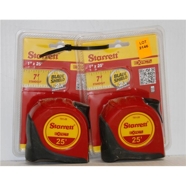 LOT OF 2 STARRETT 1" X 25FT MEASURING TAPES WITH 7FT STANDOUT