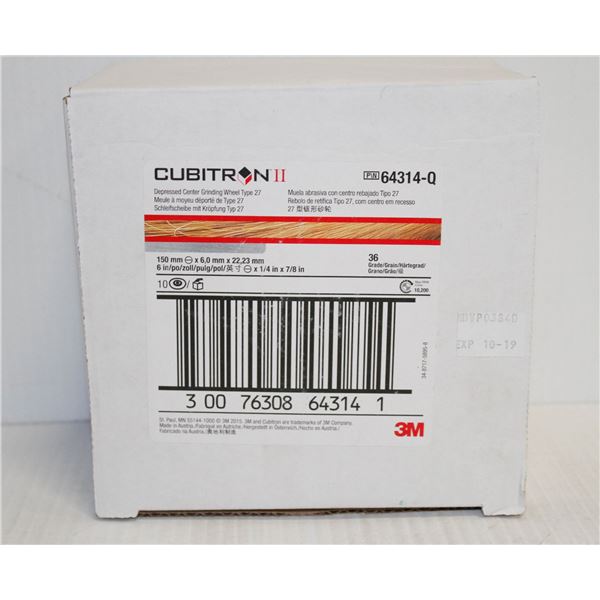 BOX OF 10 CUBITRON DEPRESSED CENTER GRINDING WHEEL TYPE 27,  6" X 1/4" X 7/8"