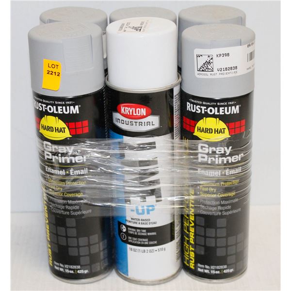 6 CANS OF RUSTOLEUM GREY PRIMER ENAMEL 1 CAN IS WHITE