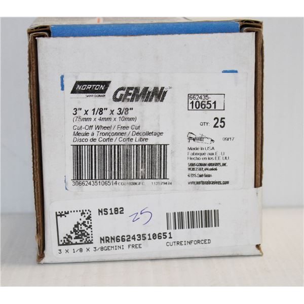 BOX OF 25 GEMINI CUT OFF WHEELS 3" X 1/8" X 3/8"
