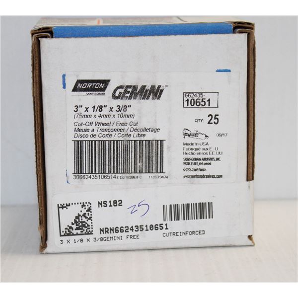 BOX OF 25 GEMINI CUT OFF WHEELS 3" X 1/8" X 3/8"