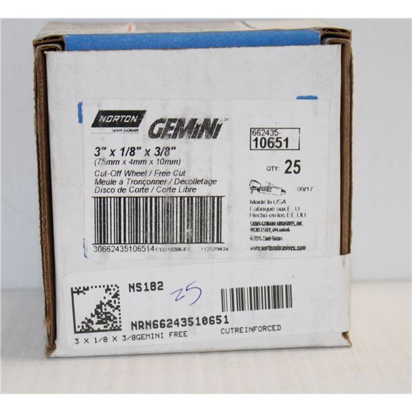 BOX OF 25 GEMINI CUT OFF WHEELS 3" X 1/8" X 3/8"