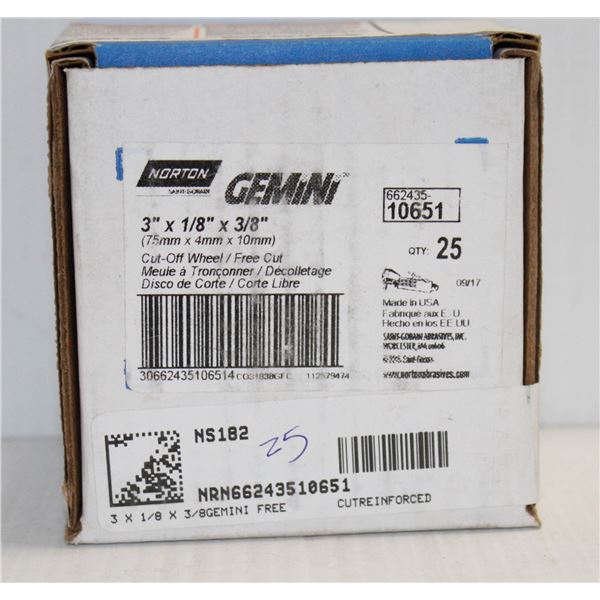 BOX OF 25 GEMINI CUT OFF WHEELS 3" X 1/8" X 3/8"