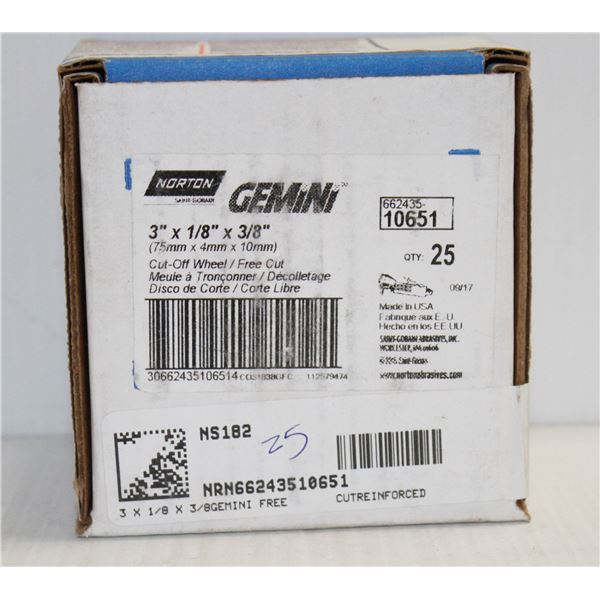 BOX OF 25 GEMINI CUT OFF WHEELS 3" X 1/8" X 3/8"