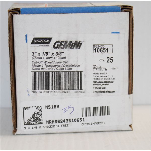 BOX OF 25 GEMINI CUT OFF WHEELS 3" X 1/8" X 3/8"