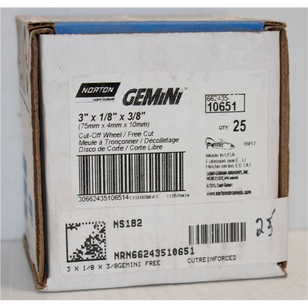 BOX OF 25 GEMINI CUT OFF WHEELS 3" X 1/8" X 3/8"