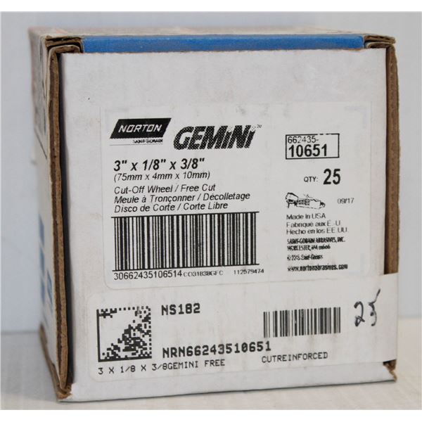 BOX OF 25 GEMINI CUT OFF WHEELS 3" X 1/8" X 3/8"